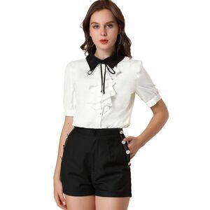 Women's Contrast Collar Tie Ruffle Front Button Short Sleeve Shirt White